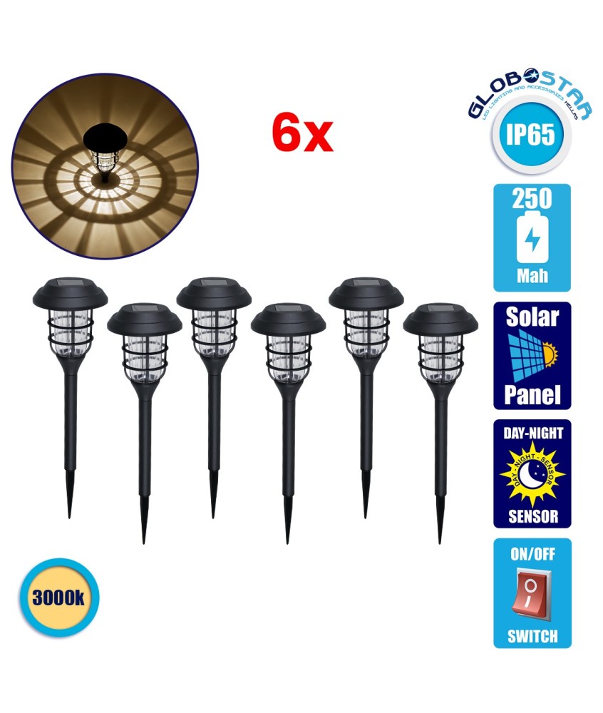 GloboStar® 85704 ΣΕΤ 6 Τεμαχίων Αυτόνομα Ηλιακά Φωτιστικά LED SMD 1W 100lm με Ενσωματωμένη Μπαταρία 250mAh - Φωτοβολταϊκό Πάνελ με Αισθητήρα Ημέρας-Νύχτας Αδιάβροχο IP65 Φανάρι Κήπου Στρογγυλό Θερμό Λευκό 3000K